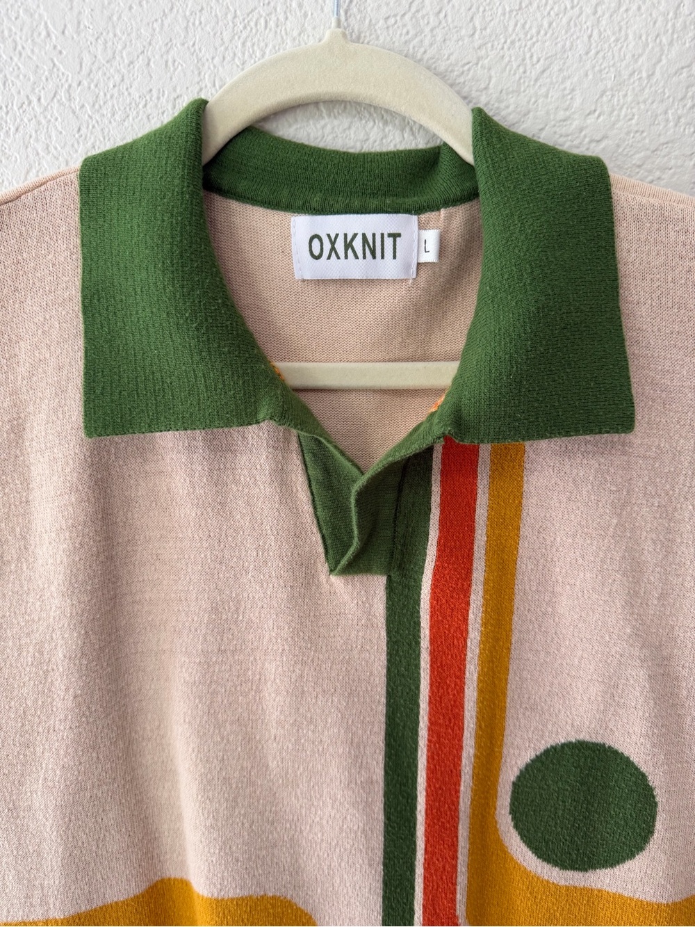 OXKNIT Men’s Retro Knit Polo Shirt Large Geometric Mod Camp Collar Sweater Top